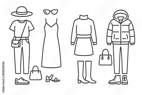 Set of outline fashion outfits with accessories on a dark background