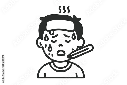 Sick person with thermometer and sweat drops