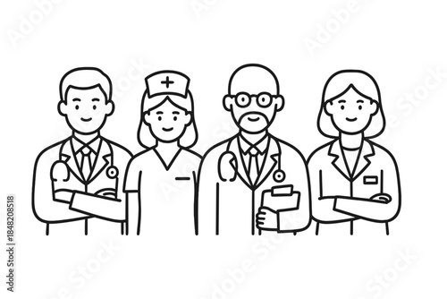 Four Medical Professionals Line Art on Dark Background