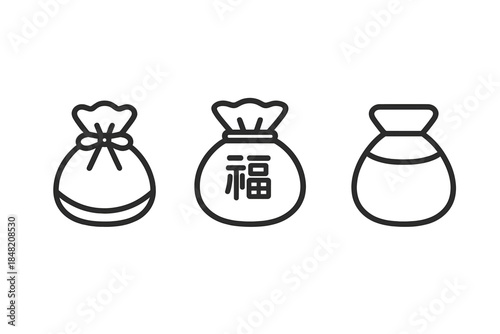 Three lucky bags or pouches with simple line art.