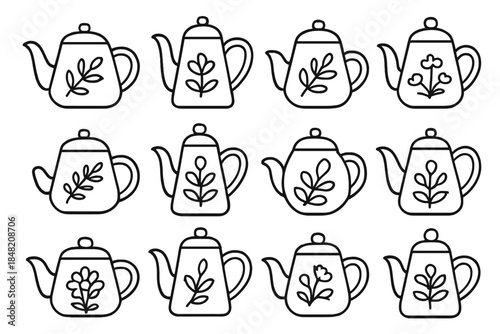 Collection of white teapots with floral motifs on a gray background