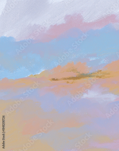 Impressionistic Landscape in oft Pastels of Trees and Grass on Hillside under Clouds in the Misty Foggy Sky-Digital Art, Illustration, Design, Artwork, Painting-in Soft Blue, Orange, Lavender & Pink