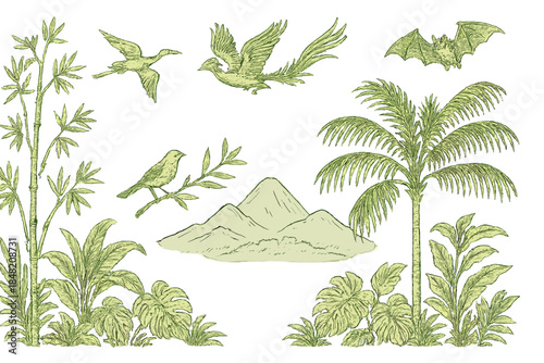 Vintage-inspired tropical scene with birds, mountains, and palm trees