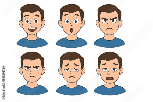 Six cartoon faces showing different emotions