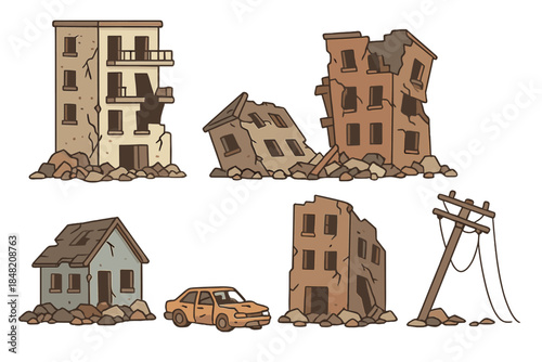 Cartoon set of destroyed buildings and car