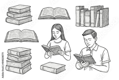 Vintage Sketch of People Reading Books and Stacks of Books