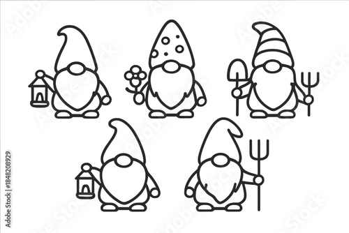 Five Gnomes with Garden Tools and Lanterns