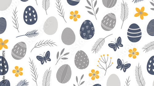 Easter eggs and flowers in a festive springtime pattern