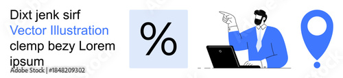 Marketing analysis, sales strategy, business solutions, digital tools, financial planning, remote work. Man pointing while using laptop, percentage symbol map pin. Marketing analysis and sales