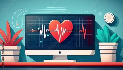 medical heart rate monitor with red ecg line on computer screen in flat design style