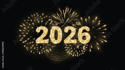 2026 shiny gold glitter numbers. Fireworks explosion on black background. New Year celebration banner with digits, golden pyrotechnics and festive decoration. For New Year party posters. Vector.