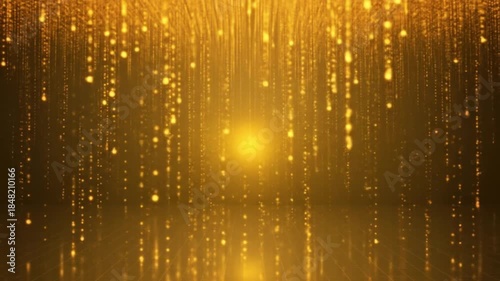 Golden light particles falling in dark space with reflective floor