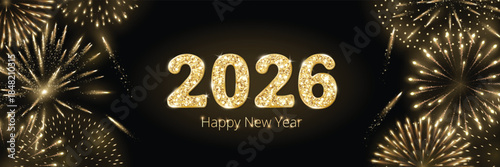 2026 gold glitter numbers with fireworks frame on black background. Festive New Year celebration with golden fireworks glow, wide layout and elegant decorative border. Banner for social media. Vector.
