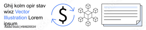 Blockchain, finance, cryptocurrency, digital transactions, decentralized ledger, data sharing. A dollar symbol, network nodes and a document flow. Blockchain and finance concepts