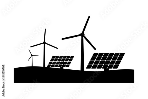 Solar panels silhouette vector illustration design, Black silhouette of wind turbines and solar panels on white background, Solar powered street light silhouettes, Renewable energy source concept