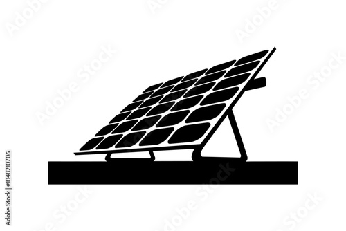 Solar panels silhouette vector illustration design, Black silhouette of wind turbines and solar panels on white background, Solar powered street light silhouettes, Renewable energy source concept