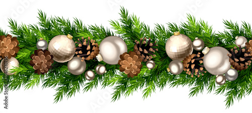 Christmas horizontal seamless border with silver Christmas balls, green fir branches, and pine cones. Vector seamless garland