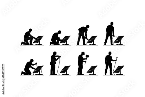 Solar panels silhouette vector illustration design, Black silhouette of wind turbines and solar panels on white background, Solar powered street light silhouettes, Renewable energy source concept