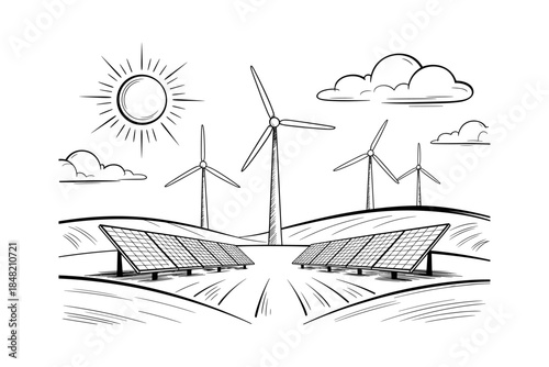 Solar panels silhouette vector illustration design, Black silhouette of wind turbines and solar panels on white background, Solar powered street light silhouettes, Renewable energy source concept