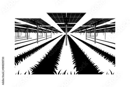 Solar panels silhouette vector illustration design, Black silhouette of wind turbines and solar panels on white background, Solar powered street light silhouettes, Renewable energy source concept