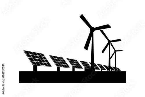 Solar panels silhouette vector illustration design, Black silhouette of wind turbines and solar panels on white background, Solar powered street light silhouettes, Renewable energy source concept
