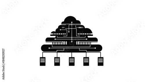 Cloud computing network infrastructure servers databases connected to central cloud storage system illustration