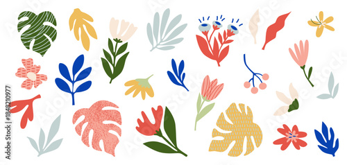 Hand Drawn Colorful Abstract Tropical Leaves Set.