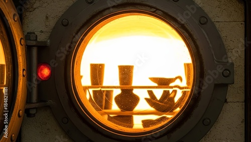 Ceramic pottery items being fired in a glowing hot kiln or oven, with a red indicator light on the door.