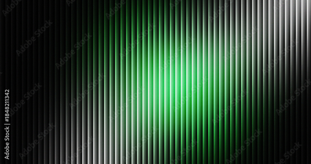Fototapeta premium Abstract vertical blinds texture background featuring a dramatic central glow of vibrant neon green light fading into deep black shadows on a metallic surface