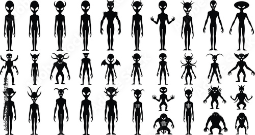 Alien creature silhouette set with extraterrestrial monsters and fantasy characters isolated on white background black vector illustration collection
