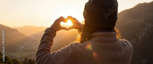 woman heart love sign hand fingers vacation trip nature back view sunlight panoramic concept