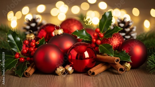 Christmas decoration with baubles on wooden table with bokeh background