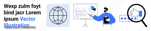 Data analysis, business strategy, education, global communication, customer feedback, and internet networking. A globe, charts a businessperson presenting and a magnified thumbs-up with stars. Data