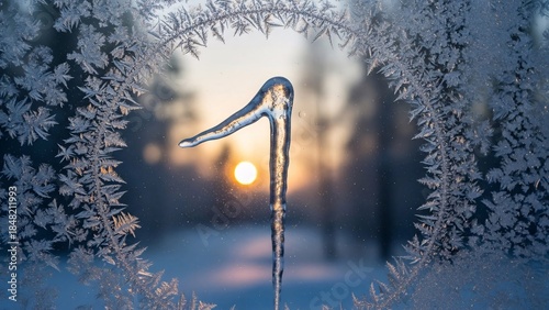 Frosty natural pattern on winter window glass at sunset. Nature background
