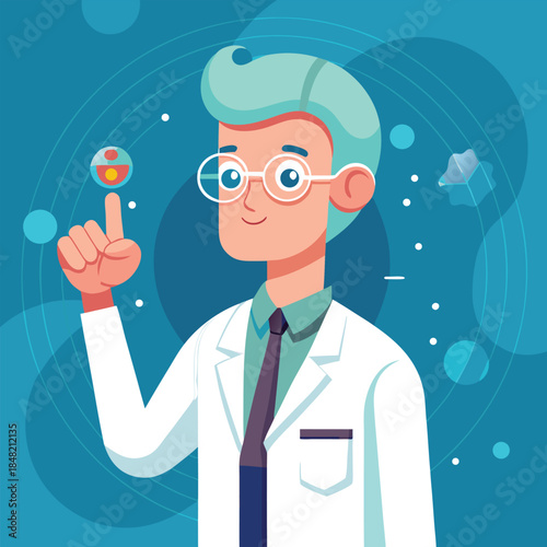 Cartoon Scientist With Blue Hair Holding A Glowing Orb character illustration