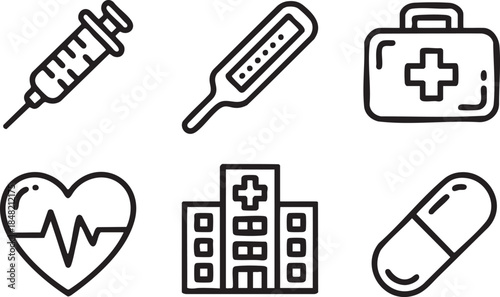Six black medical icons including syringe thermometer first aid kit heart pulse hospital and pill