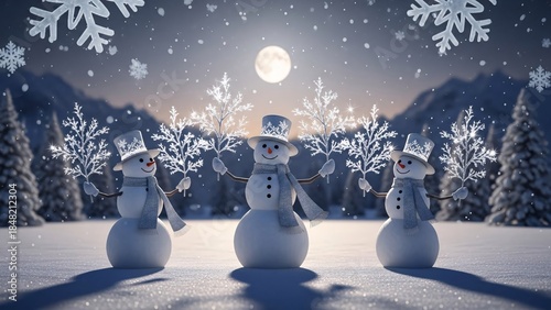 Snowman family in winter forest with full moon. 3D rendering