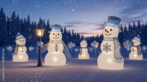 Snowman family in winter forest. Christmas background. 3D rendering.