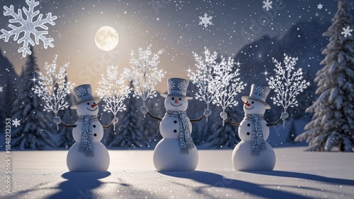 Snowman in the forest at night. Christmas background. 3d rendering.