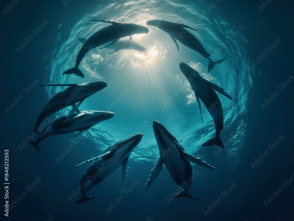 Obraz premium Underwater scene with 10 whales in a circle, sunny lighting, school of dolphins swimming, varying colors, hyperrealistic, cinematic, phone wallpaper style, wildlife photography - AI-Generated