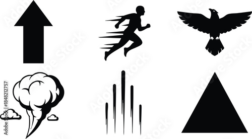 Flat design close up six black silhouette icons showing up arrow running man flying bird explosion cloud speed lines and triangle on white background bold minimal