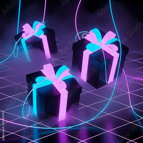 Three gifts with glowing ribbons on grid background