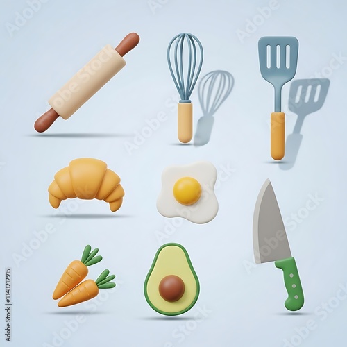 Cartoon kitchen utensils and food items arrangement