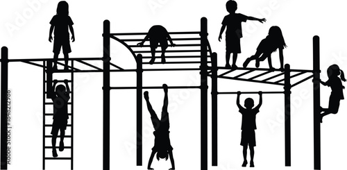 Children playground silhouette set with kids climbing playing on monkey bars outdoor park activity black vector illustration design collection
