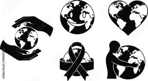 Flat design globe icon set showing hands holding a smiling earth heart shaped earth with awareness ribbon and person hugging the planet in silhouette minimalist black