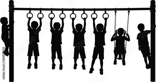 Children playground silhouette with kids hanging on rings and swinging outdoor play equipment isolated on white background black vector illustration