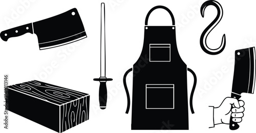 Line art butcher tool icon set showing hand holding cleaver meat cleaver honing steel hanging hook apron wooden cutting block close up high contrast studio style
