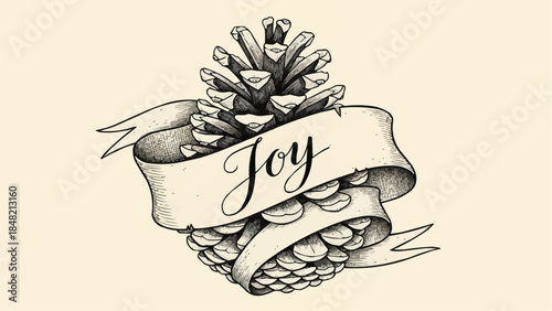 Vintage pinecone with joy ribbon banner in elegant black and white