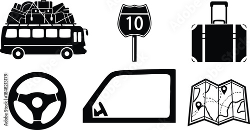 Flat design travel icons set including overloaded bus with luggage roof road sign route ten suitcase steering wheel car door window folded map monochrome vector art