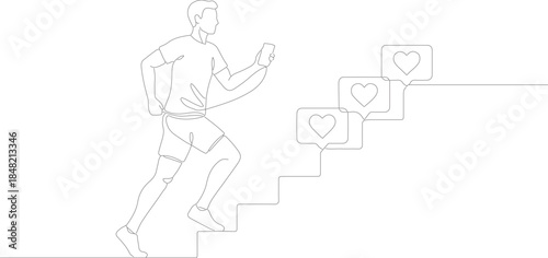 Man continuously climbing stairs, holding phone, achieving growing social media likes and success goals in a minimalist line art drawing.